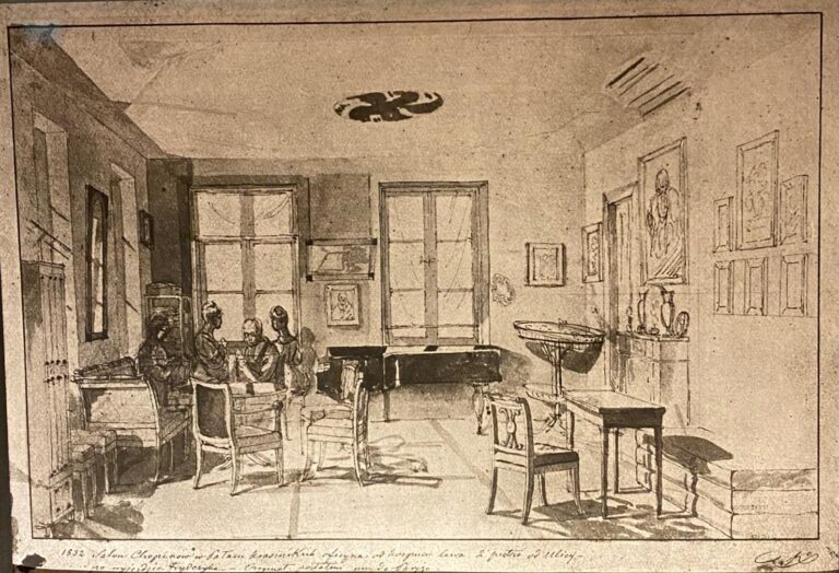 Rysunek przedstawiający salon rodziny Chopinów