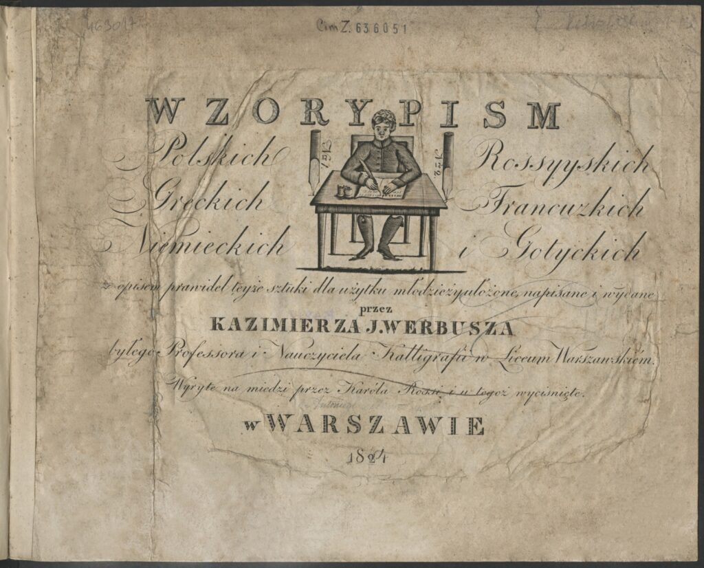 karta tytułowa wzornika do kaligrafii pt. wzory pism Kazimierza Werbusza