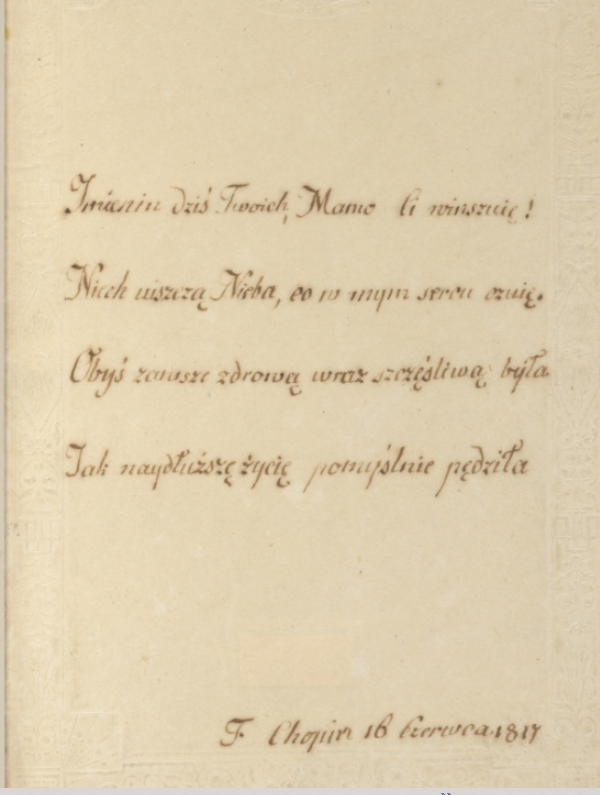 Karta z życzeniami młodego Fryderyka Chopina dla matki