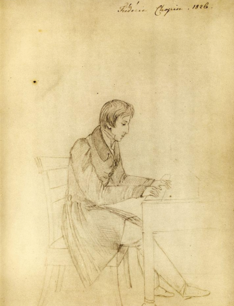 Rysunek Elizy Radziwiłłówny z 1826 roku przedstawiający Fryderyka Chopina grającego na fortepianie