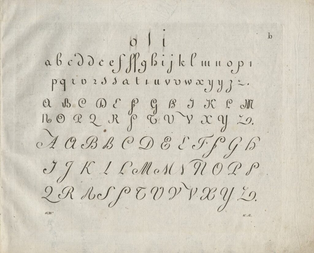 litery duże francuskie wzornik werbusz, litery coulee i batardee abecało, karta z wzornika do nauki kaligrafii Werbusza