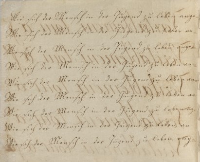 karta z zeszytu do kaligrafii Chopina z ćwiczeniami kaligraficznymi Fryderyka Chopina