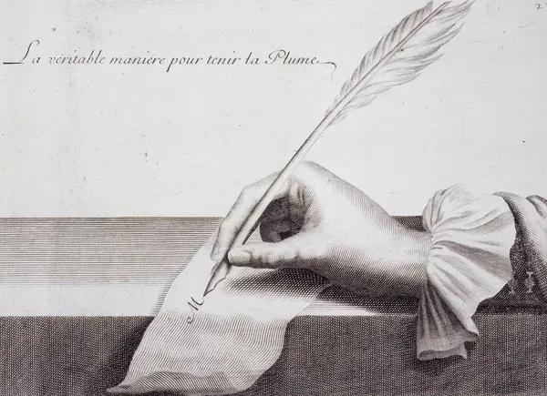 stara rycina przedstawiająca rękę z piórem, prawidłowy sposób trzeymania pióra do kaligrafii