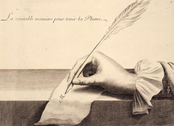 stara rycina przedstawiająca rękę z piórem, prawidłowy sposób trzeymania pióra do kaligrafii